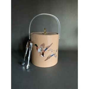 VTG LIBBEY Duck Ice Bucket Tan Vinyl Mallard Lucite Gold 8” with tongs 1980s bar